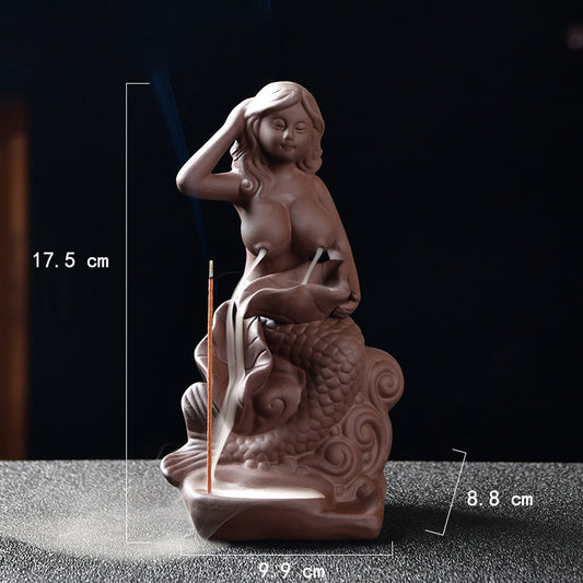 Mermaid Sitting on The Waves Incense Holder Backflow Waterfall with Stick Hole