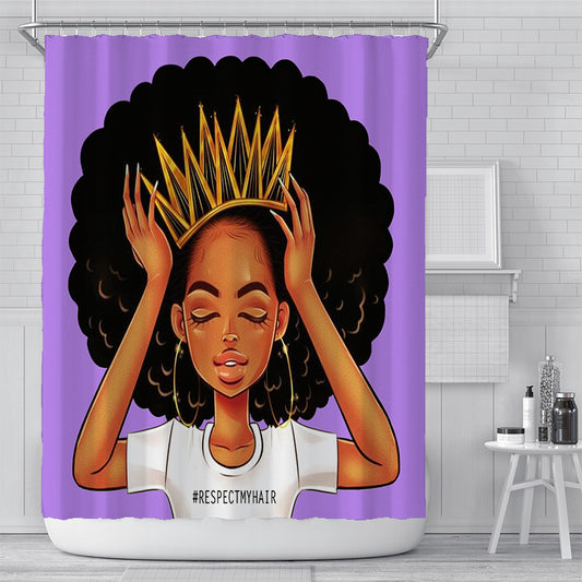 Respect My Hair Cartoon Black African Queen Shower Curtain | Cartoon African Queen Bathroom Curtain