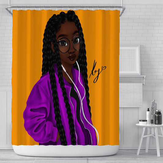 Black Braided Hairstyle Cartoon African American Girl Shower Curtain | African Girl Bathroom Curtain