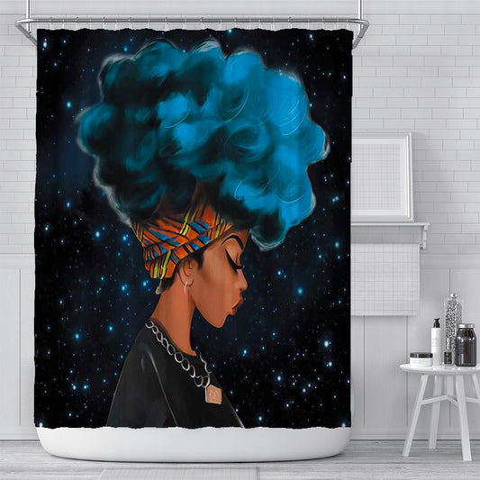 Black Backdrop Blue Afro Shower Curtain | Blue Afro Bathroom Curtain