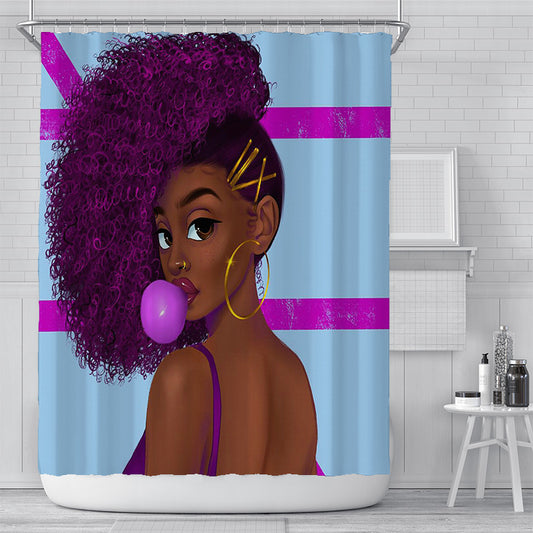 Blow Bubbles Purple Afro Shower Curtain | Blow Bubbles African Girl Bathroom Curtain