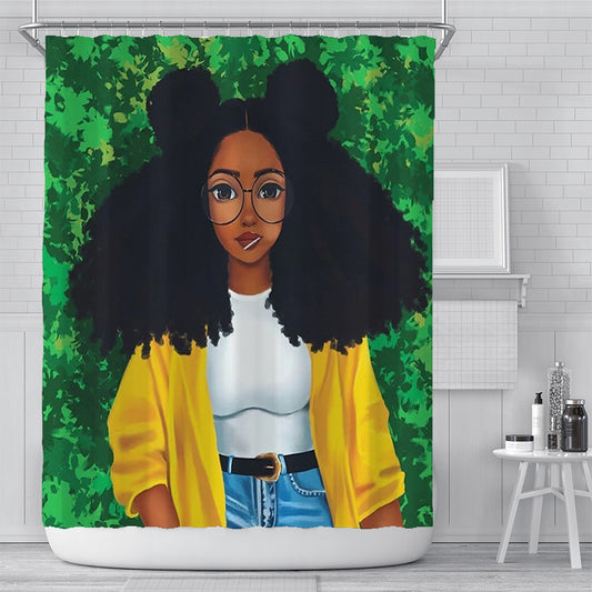 Afro Girl with Glasses Shower Curtain | African Girl with Glasses Bathroom Curtain