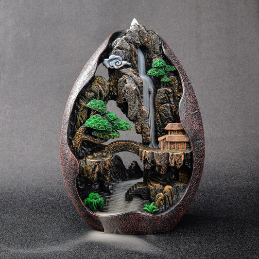 Egg Shaped Miniature Landscape of Mountain Pine Bridge Cabin Incense Smoke Waterfall Burner