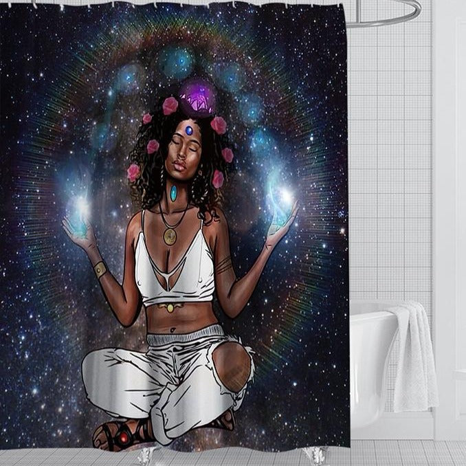 Cosmic Starry Meditative Afro Girl Shower Curtain