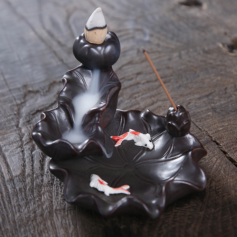 Koi Fish on The Bottom of Lotus Leaf Backflow Incense Burner