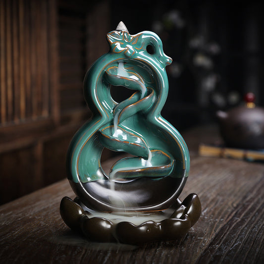 Ceramic Gradient Green Waterfall Smoke Incense Burner with Lotus Base