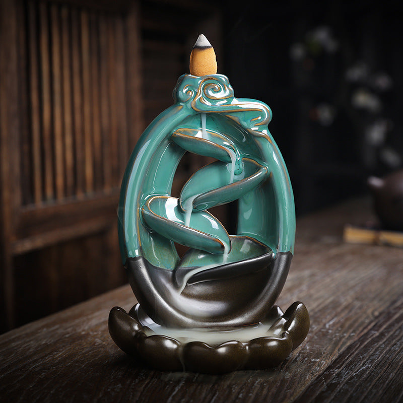 Ceramic Gradient Green Waterfall Smoke Incense Burner with Lotus Base