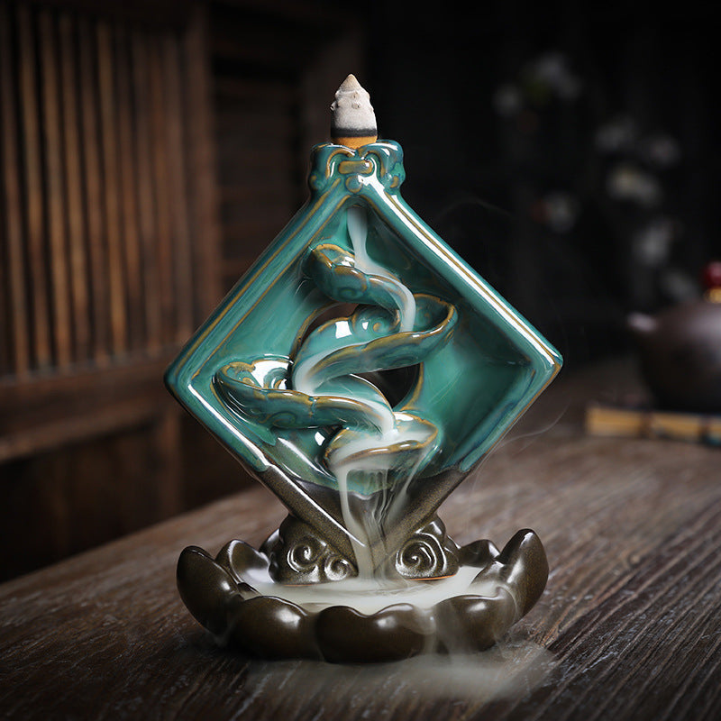 Ceramic Gradient Green Waterfall Smoke Incense Burner with Lotus Base