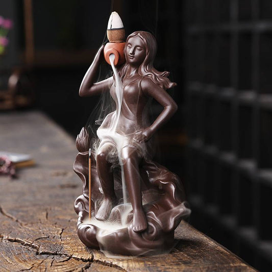 Lotus Leaf Beauty Lady Incense Burner with Incense Stick Hole