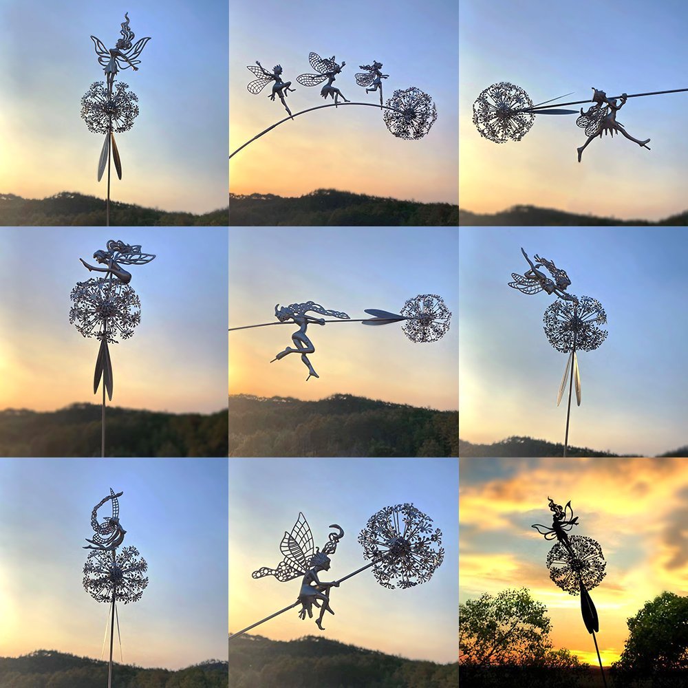 Fairy Sculptures Dancing with Dandelions for Garden Decor