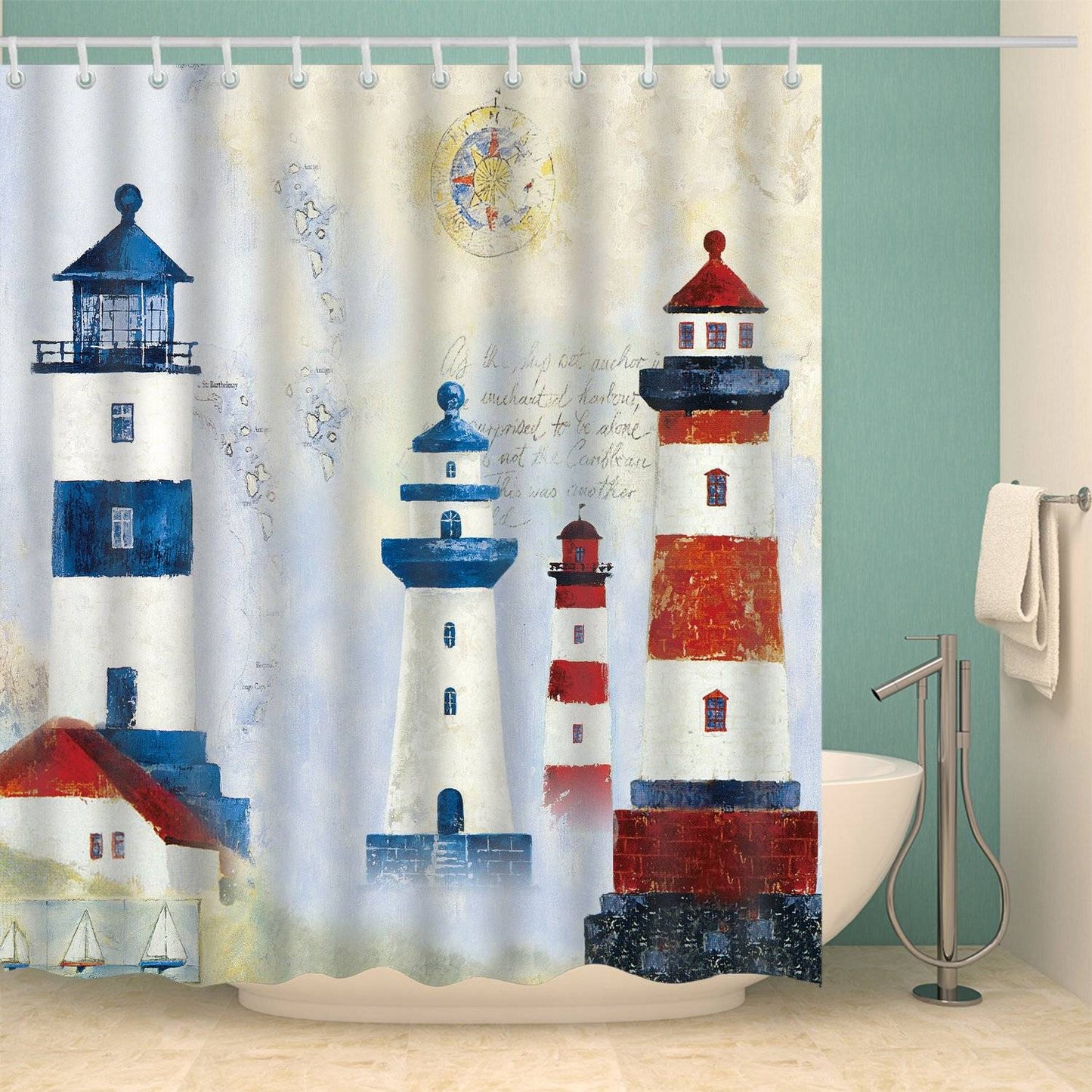 Cartoon Hand-painted Nautical Compass Lighthouse Shower Curtain