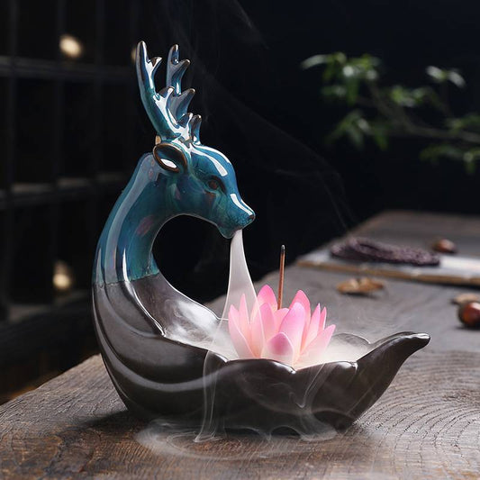 Young Deer Shaped Backflow Incense Burner with Lotus Stick Holder