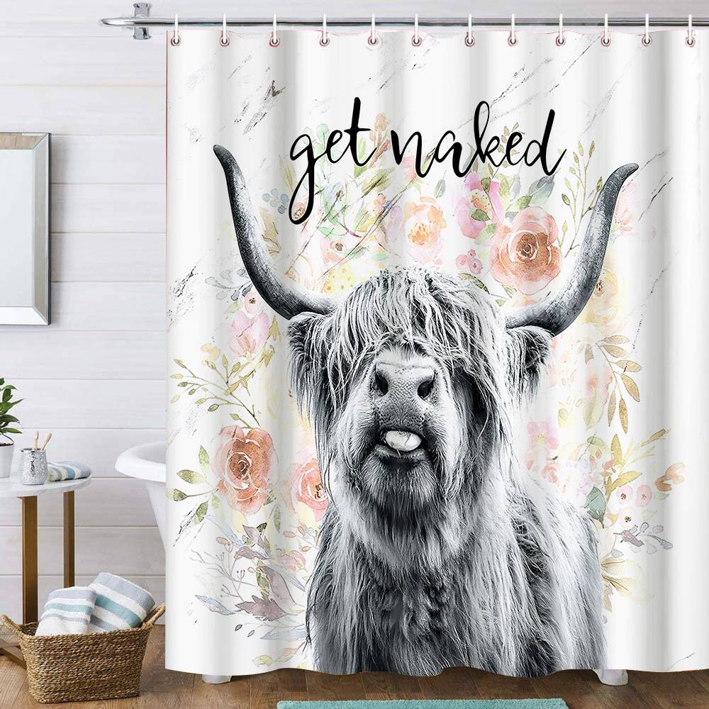 Watercolor Pink Roses Highland Animal Get Naked Cow Shower Curtain