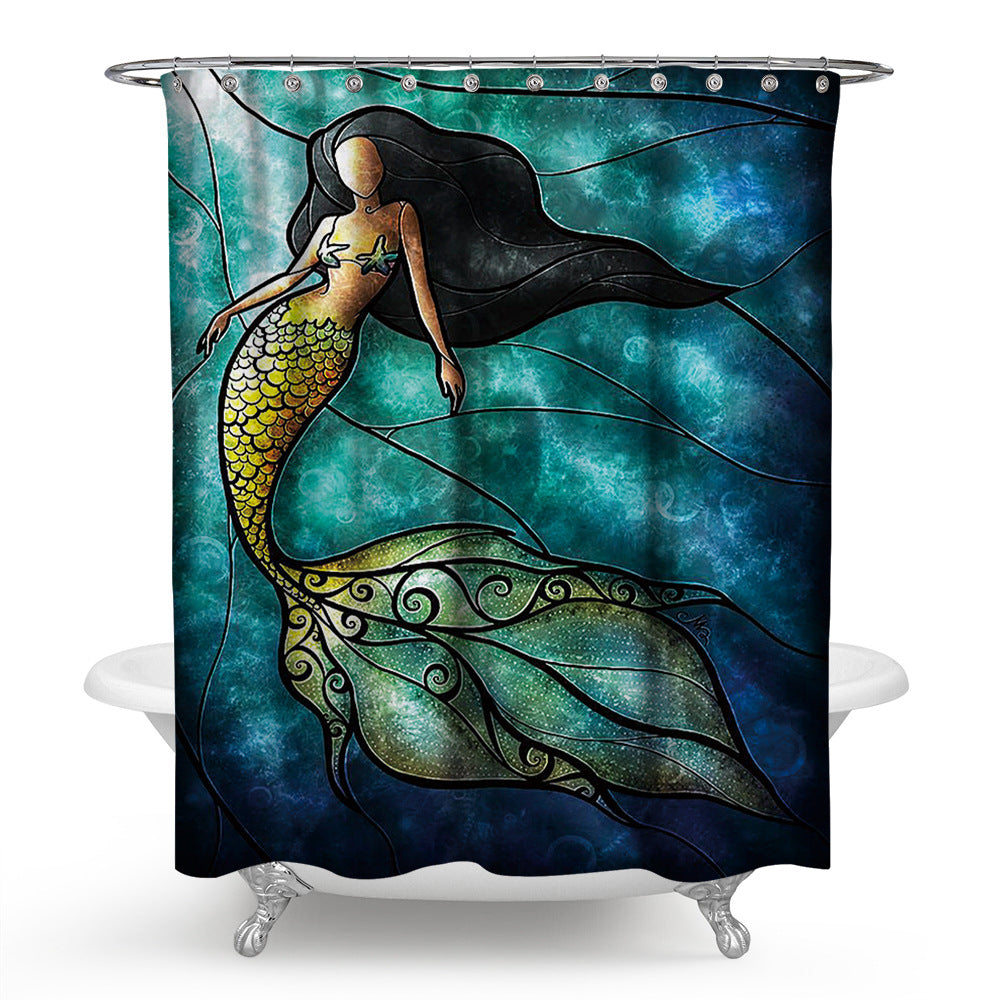 Stained Art Mermaid Fabric Shower Curtain | Blue Mermaid Bathroom Curtain