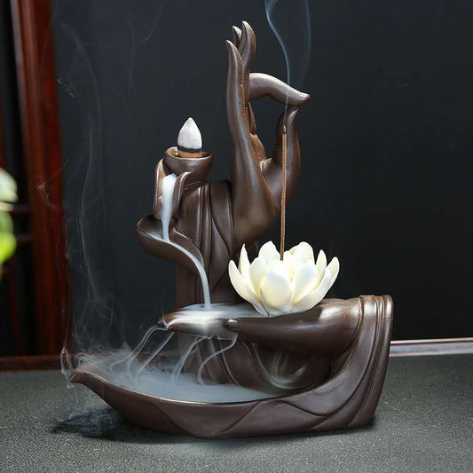 Buddha Mudras Buddha Hand Backflow Incense Burner with Lotus Incense Stick Holder