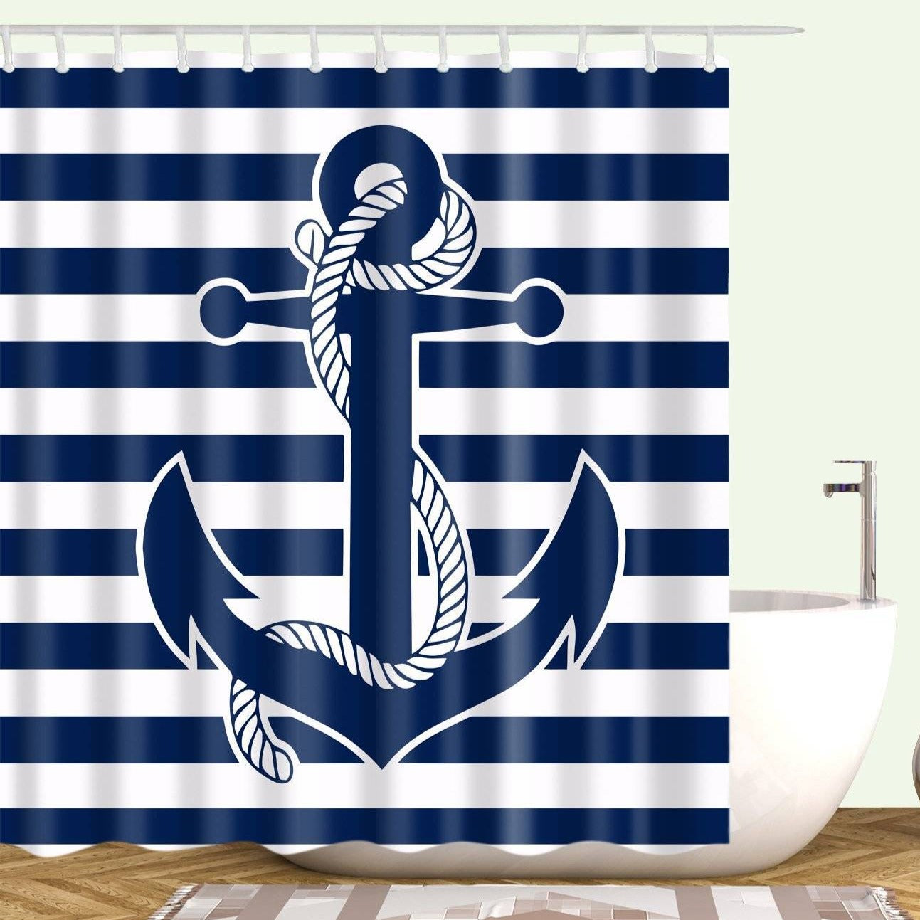 Navy Stripe Backdrop Nautical Anchor Shower Curtain