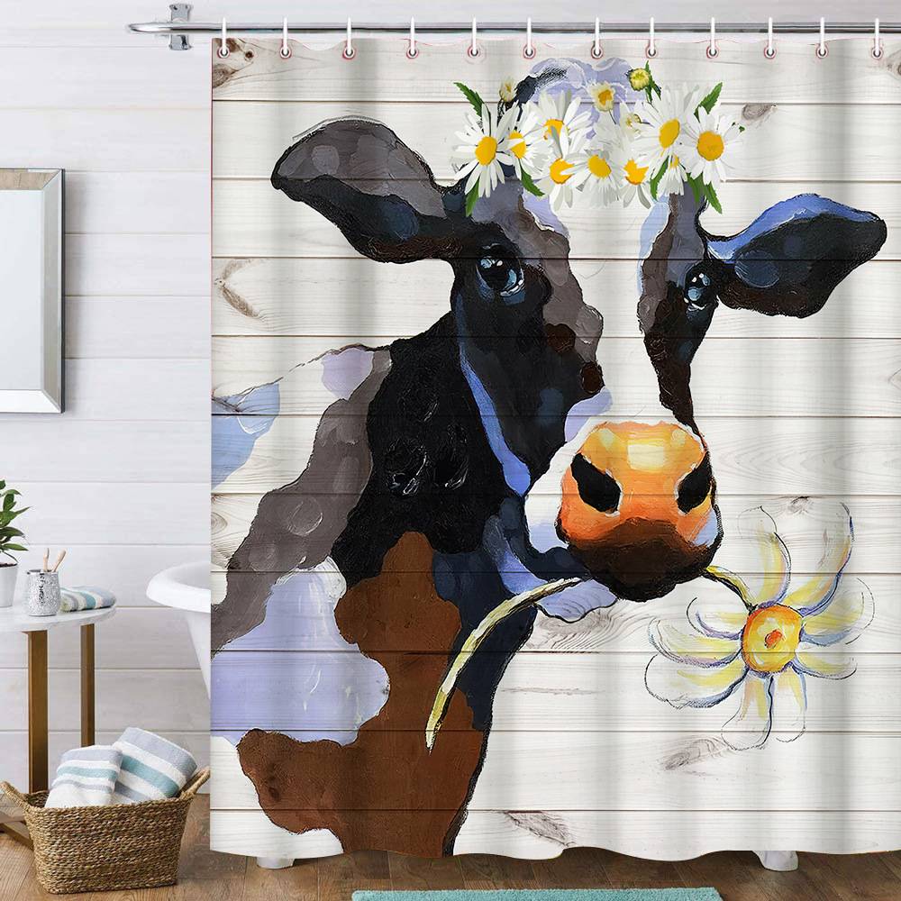 Farm Style Daisy Wreath Cow Shower Curtain