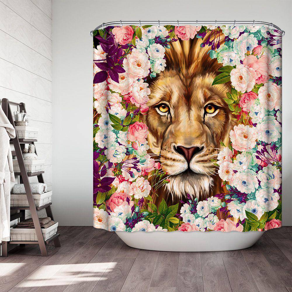 Colorful Flowers Lion Shower Curtain