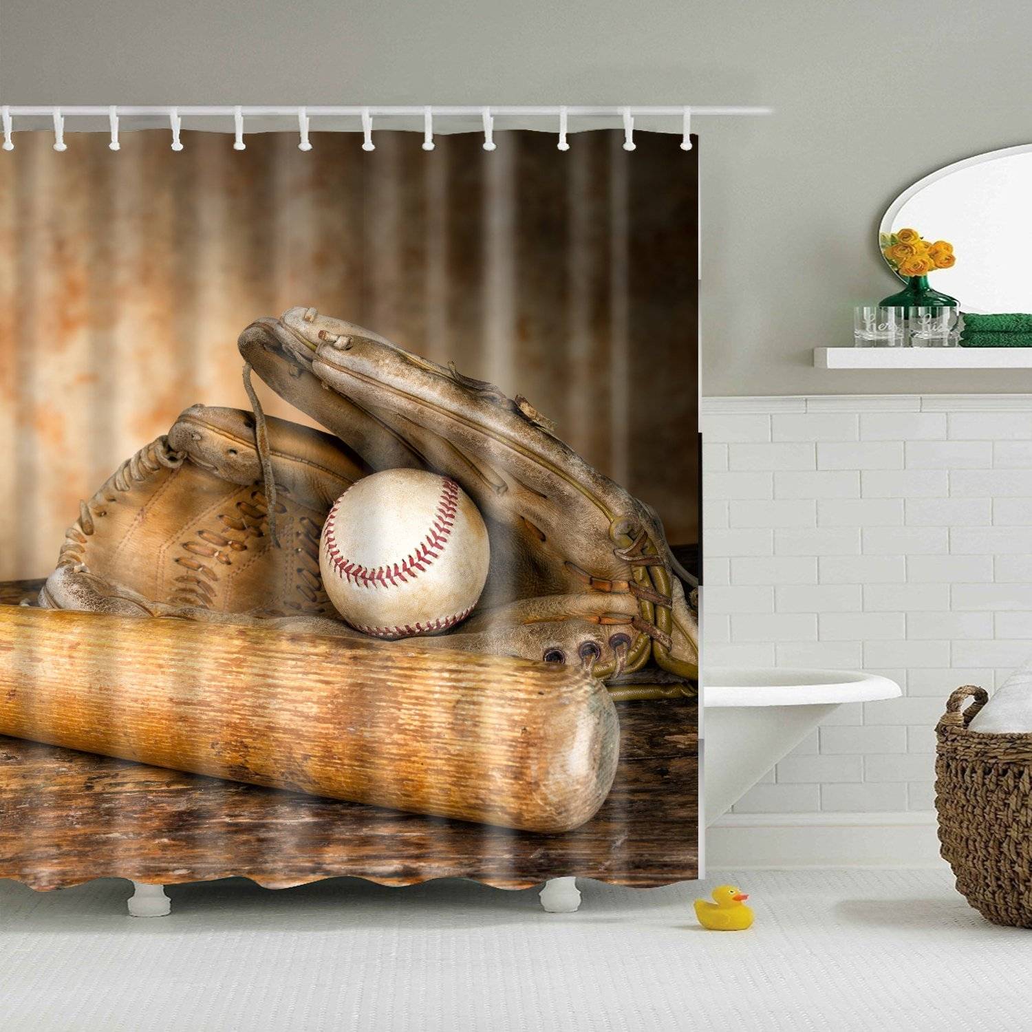 Baseball Shower Curtain Retro Gear Set Bathroom Good Idea For Decor The Warmthone