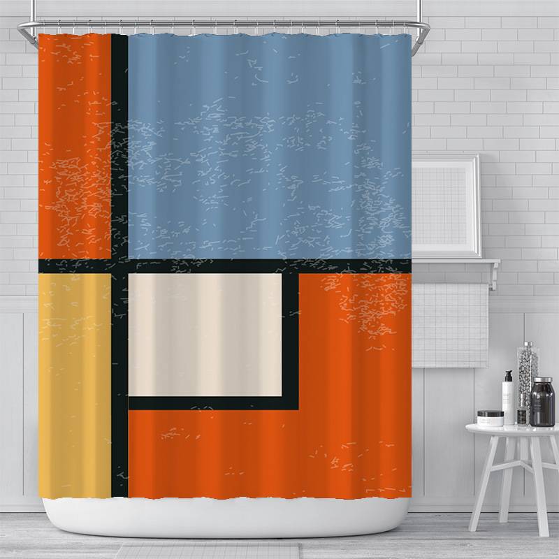 Mondrian Abstract Orange Blue and Yellow Rectangle Geometric Shower Curtain | Abstract Geometric Bathroom Curtain