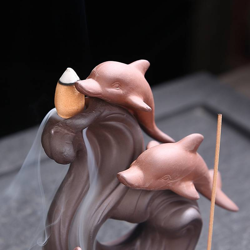 Three Dolphins Playing Backflow Incense Burner with Incense Stick Holder