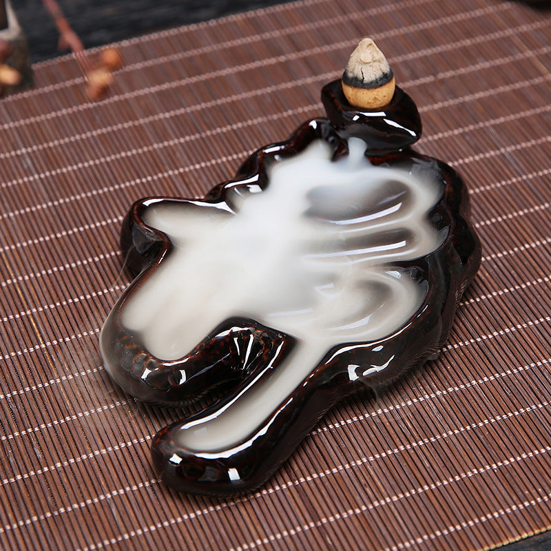 Black Porcelain Chinese Characters Backflow Incense Burner Pictographic Character