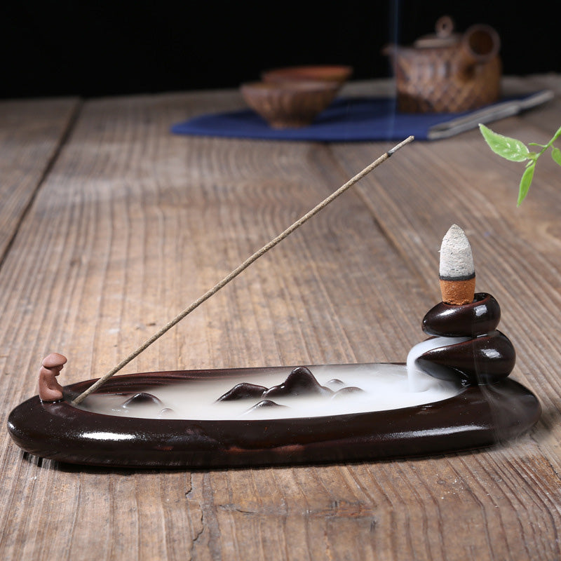 The Old Man Is Fishing Mountain River Backflow Incense Holder with Stick Holder