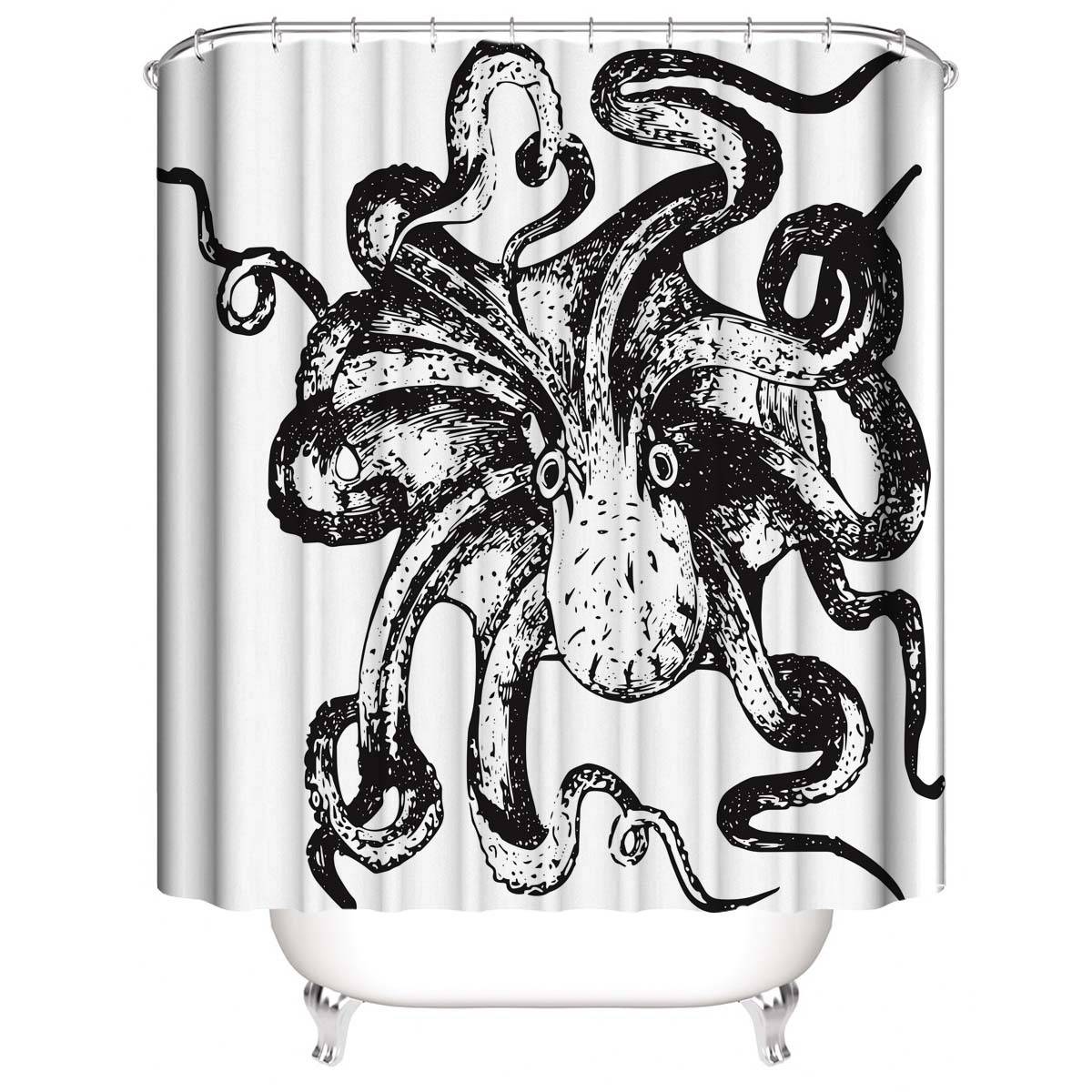 Black and White Octopus Shower Curtain | Black and White Octopus Bathroom Curtain