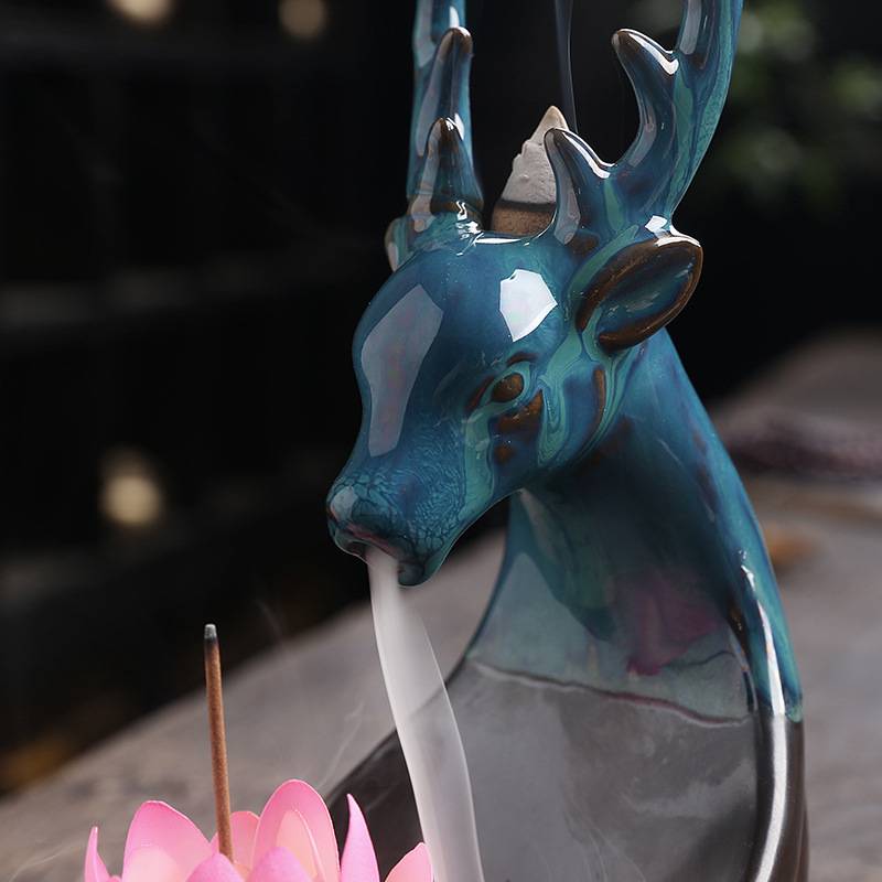 Young Deer Shaped Backflow Incense Burner with Lotus Stick Holder