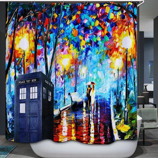 TARDIS Police Box Rainy Lovers Oil Painting Doctor Who Shower Curtain