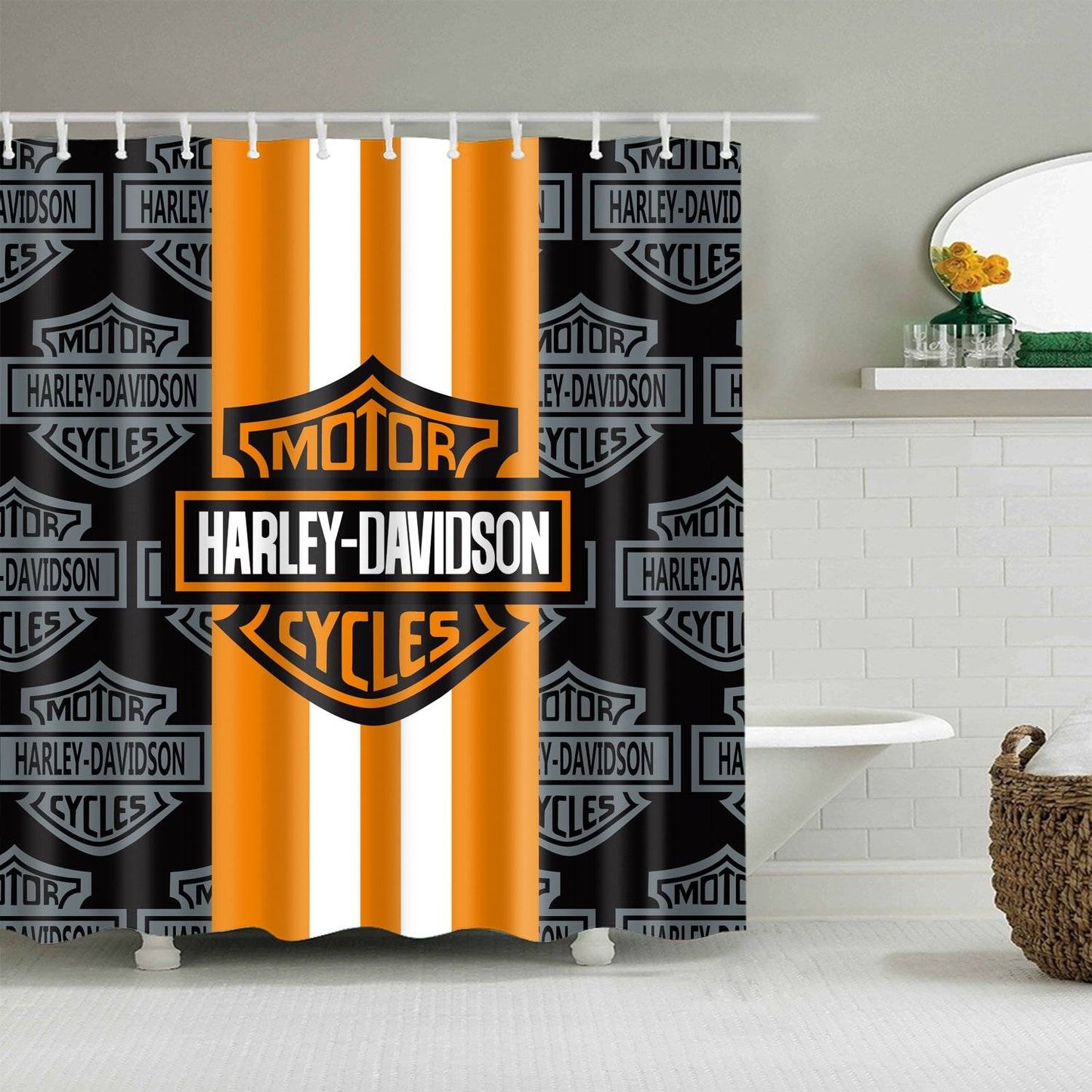 White Orange Stripe Harley Davidson Symbol Shower Curtain