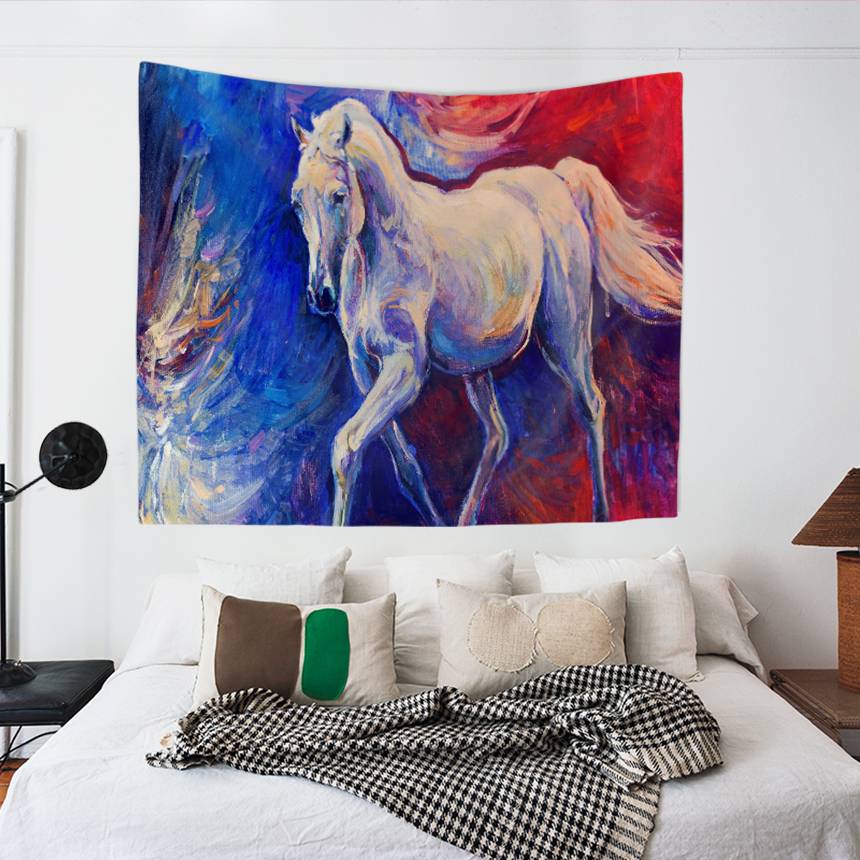 Oil Style White Horse Tapestry Wall Hanging for Bedroom Living Room | Oil Style Horse Tapestry