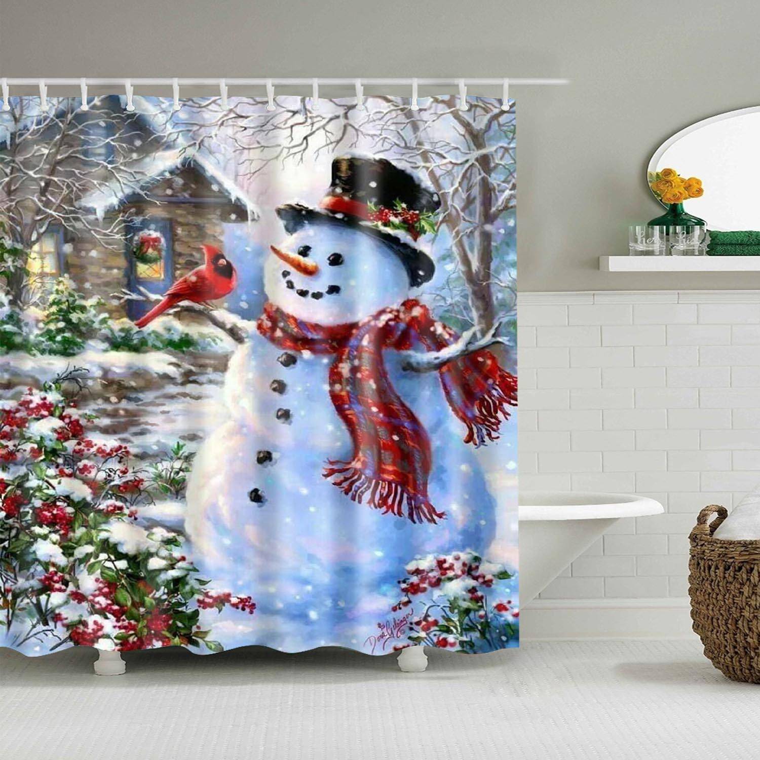 Christmas Cabin Bird Flowers Snowman Shower Curtain