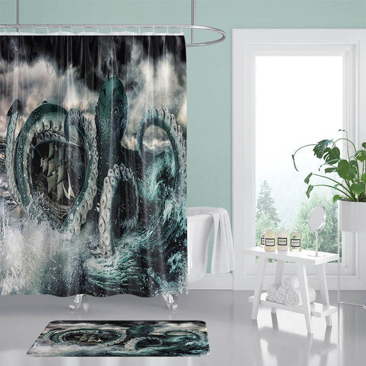 Kraken Attacking Ship Colossal Octopus and Ship Shower Curtain | Kraken Attacking Ship Shower Curtain