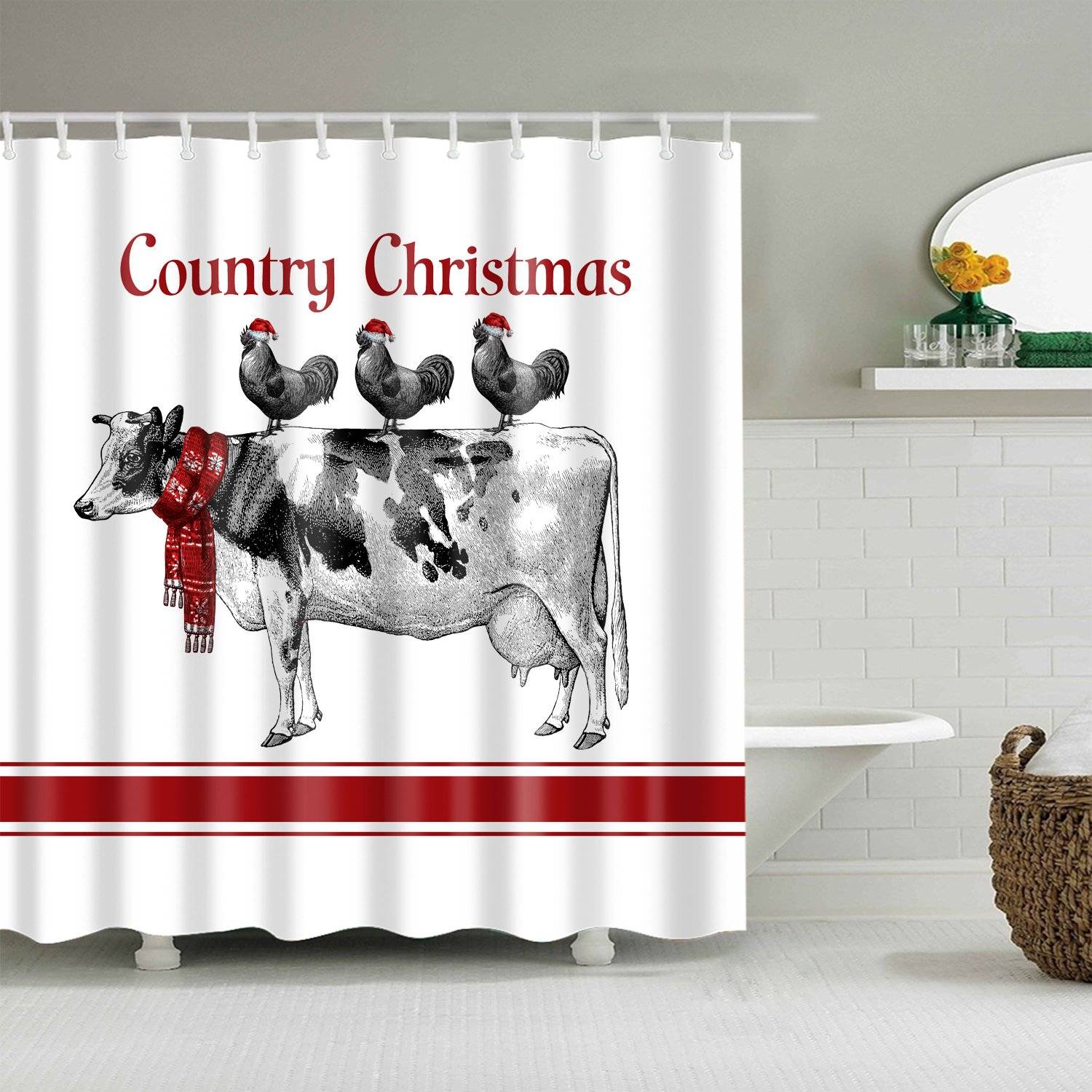 Farmhouse Animal Cow and Roosters Country Christmas Shower Curtain