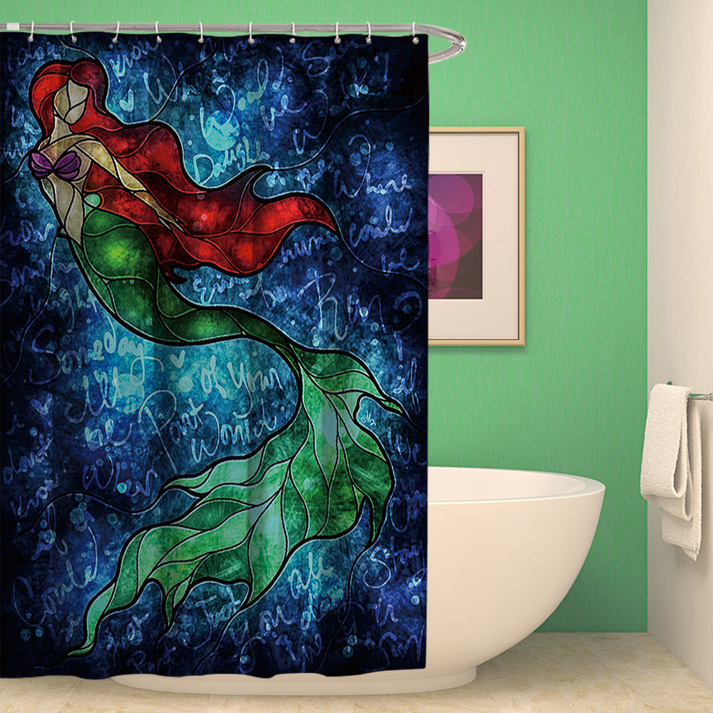 Stained Glass Style Vintage Mermaid Shower Curtain | Mermaid Bathroom Curtain