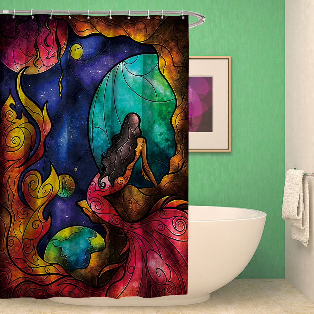Stained Art Red Mermaid Fabric Shower Curtain | Red Mermaid Shower Curtain