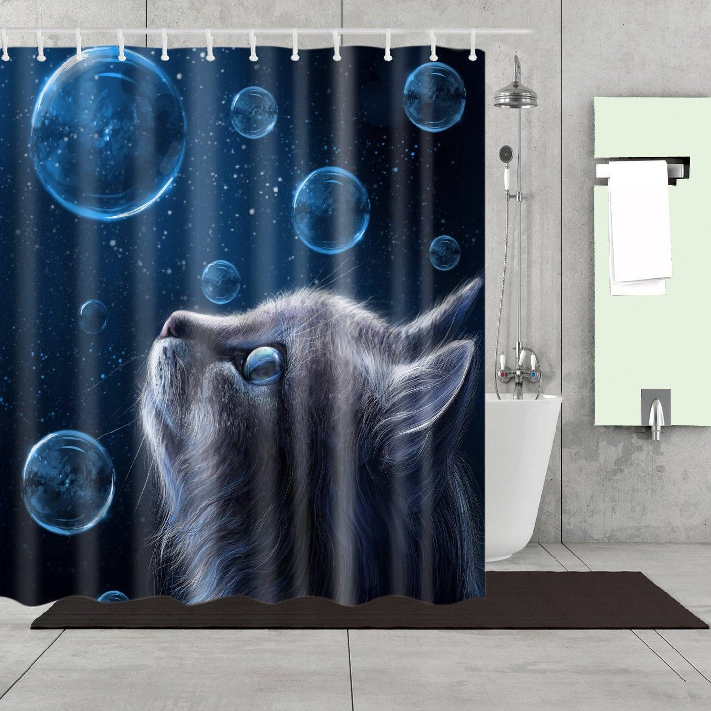 Dark Blue Bubble of Dreams Cat Shower Curtain