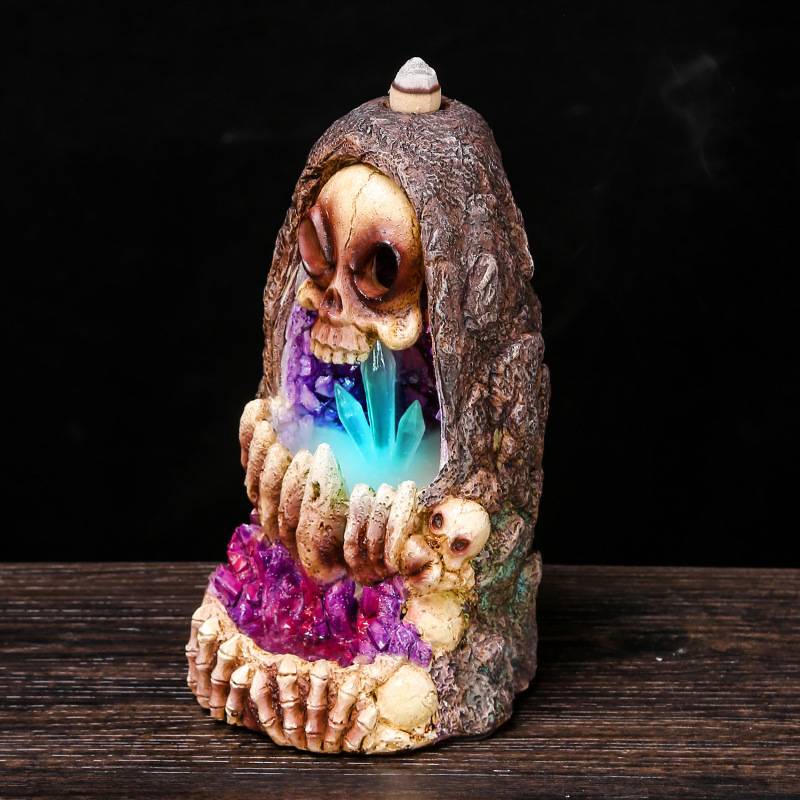 Colorful Crystal Polyresin Skull Backflow Incense Waterfall Burner with LED Lighting