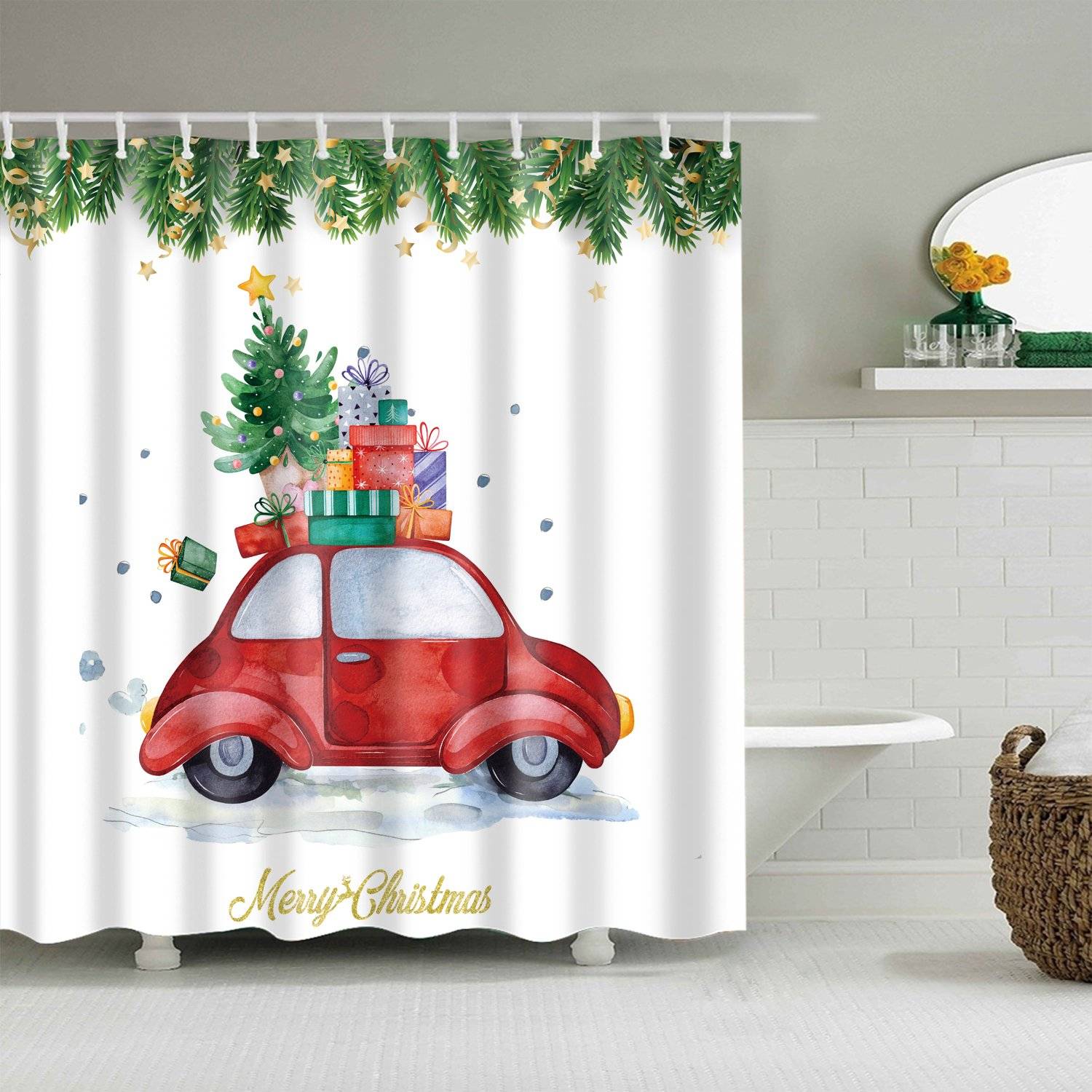 Merry Christmas Car's Roof Is Loaded Xmas Presents Red Car Shower Curtain