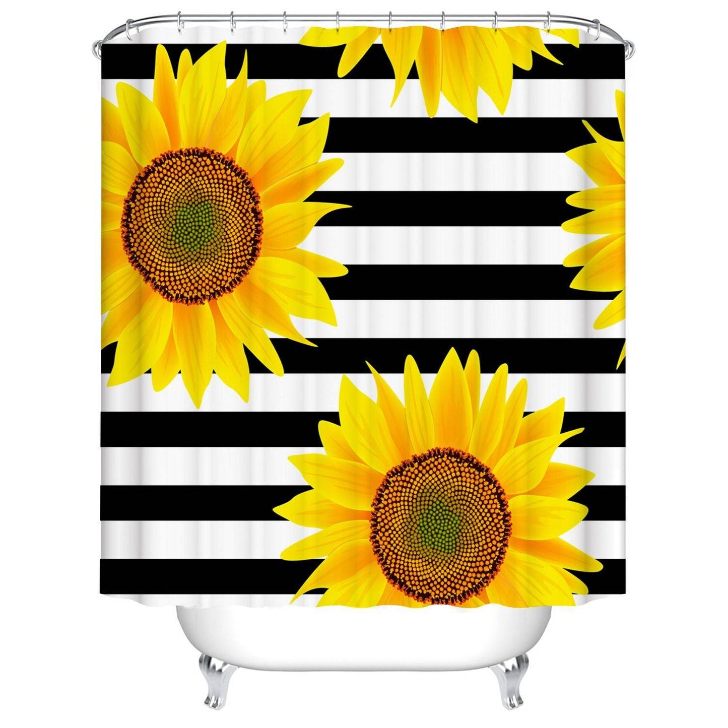 Black White Stripe Background Bright Sunflowers Shower Curtain