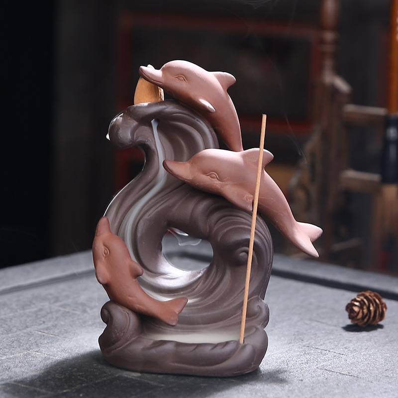 Three Dolphins Playing Backflow Incense Burner with Incense Stick Holder