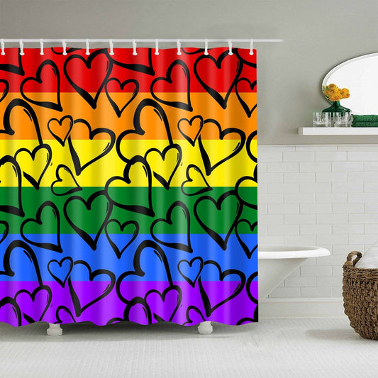 Striped Rainbow with Loving Hearts Gay Pride Shower Curtain