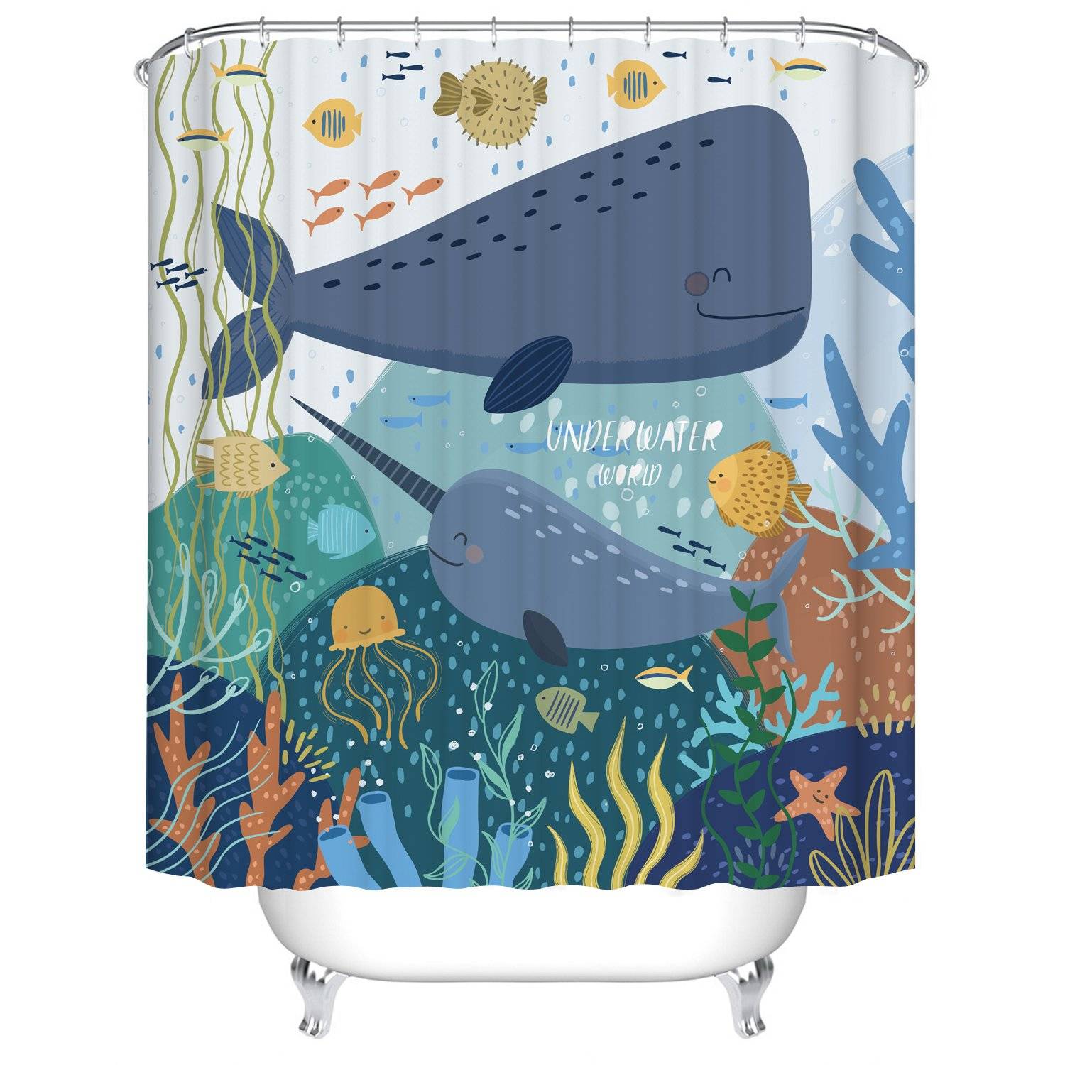 Cartoon Underwater World Whale Narwhal Shower Curtain
