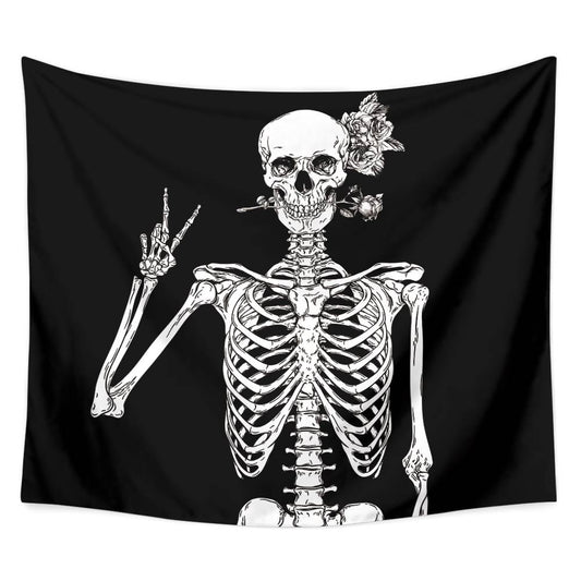 Black and White Rose Skeleton Tapestry for Bedroom Living Room | Rose Skeleton Tapestry