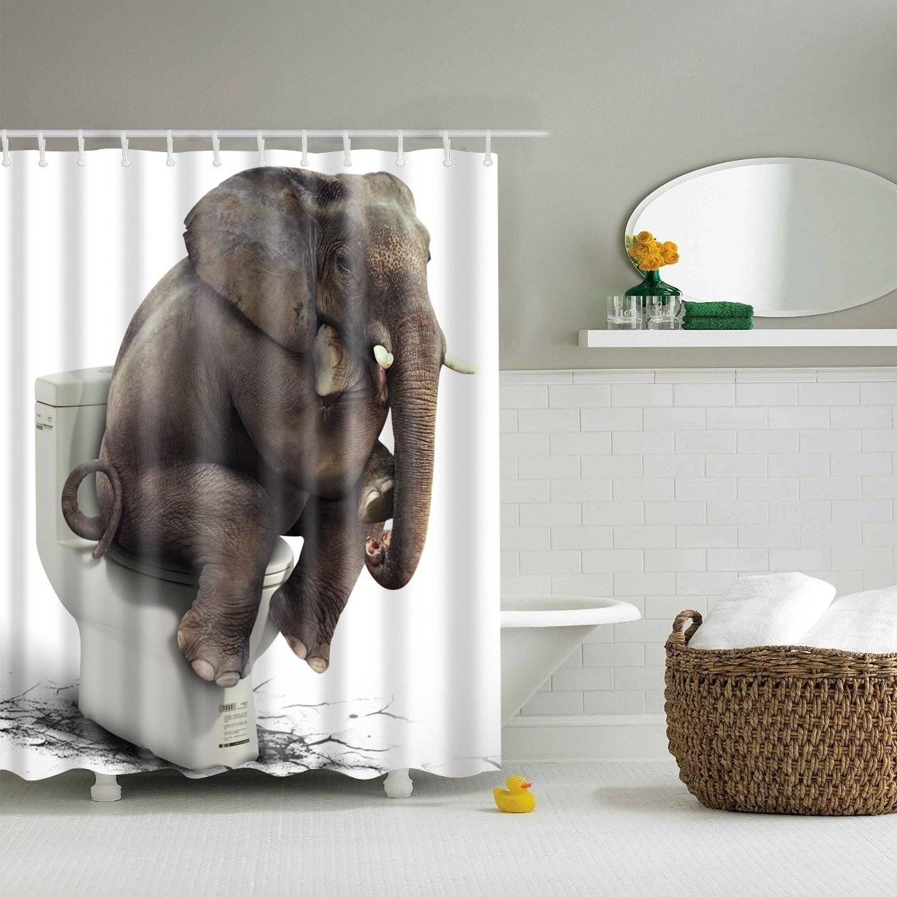 Funny Animal Sitting on The Toilet Elephant Pooping Shower Curtain