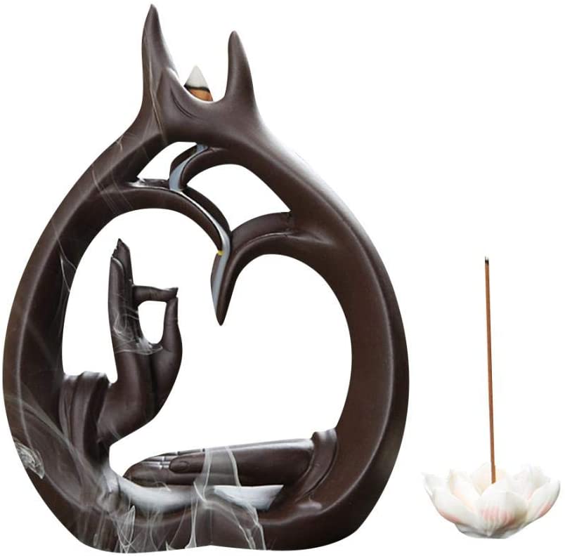 Buddha Mudras Backflow Incense Burner with Lotus Incense Stick Holder