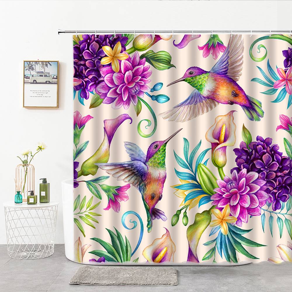 Flower Bird Collecting Honey Hummingbird Shower Curtain | Hummingbird Bathroom Curtain