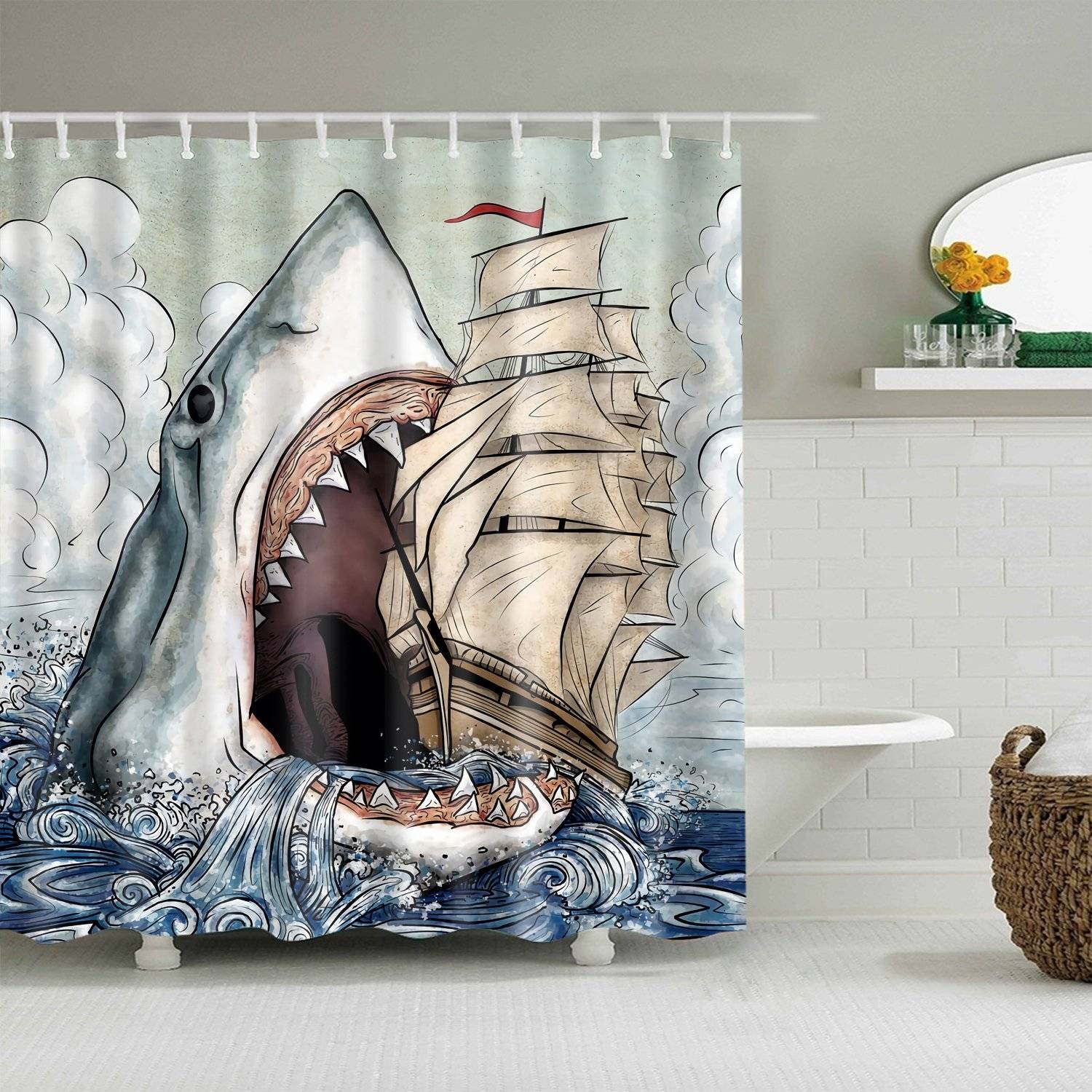 Ukiyoe Ocean Swallowing Sailboat Shark Shower Curtain