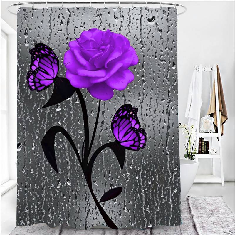 Water Drops Window Butterfly Colors Rose Shower Curtain | Butterfly Rose Bathroom Curtain